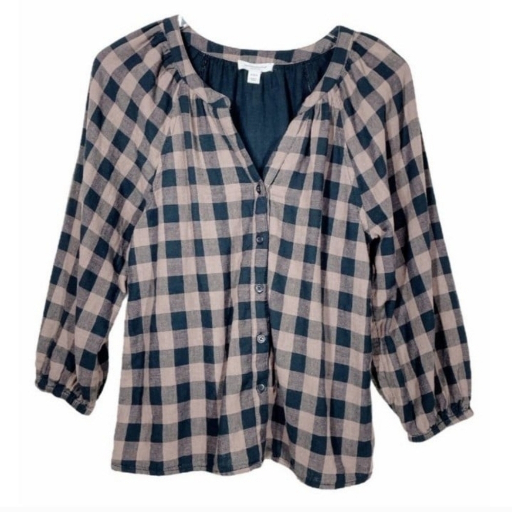 Beach Lunch Lounge Collection Cotton Gingham Button Up Blouse Size Small - Picture 2 of 4